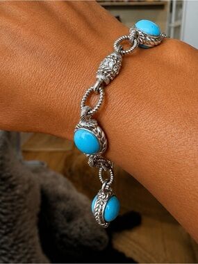 Judith Ripka Sterling Silver 3 Station Turquoise Toggle Bracelet with Charm 33g